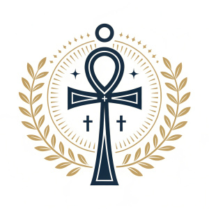 Modern logo featuring an ankh symbol. Ankh is a traditional Egyptian symbol with a cross and a loop at the top. Simple, elegant design with minimalistic colors.