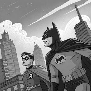Black and white illustration of Batman and Robin in vintage 1950s comic style. Dynamic poses and dramatic expressions, set against Gotham City backdrop