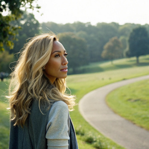 Leona Lewis, fair-skinned, blonde hair, standing outdoors in a park. The background features a lush green landscape and a winding path. She wears a casual outfit.