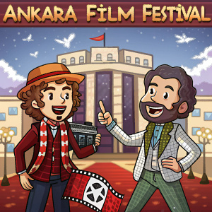 Cartoon character pixel art of actors at Ankara Film Festival. Festival details in Turkish and English text.