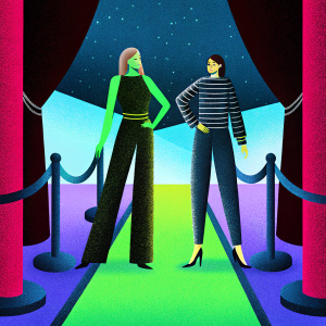 Tracy Anderson and Hilary Rhoda at a glamorous event. Tracy in a black mesh halter top and matching pants, Hilary in a striped blouse and dark pants, both posing confidently.