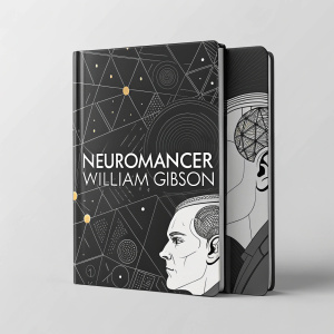 Book cover of 'Neuromancer' by William Gibson. Futuristic design with geometric patterns and monochromatic color scheme. Title 'Neuromancer' prominently displayed on the back cover. A small face illustration on the left side of the front cover.