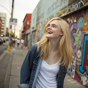 Elle Fanning, blonde actress, smiling widely. Wears casual denim jacket over a white tank top. Background is a busy street with street art and graffiti.