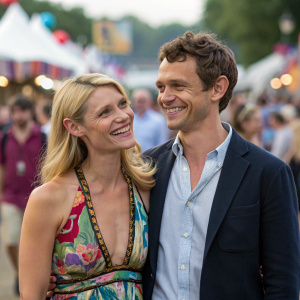 Claire Danes and Hugh Dancy in a candid shot from a bustling festival. Crowds visible in background.