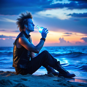 a silhouette of a skinny, middle aged man with short spiky hair and a rock n roll outfit // sitting on the beach at night // drinking a glowing blue potion from a small detailed magical bottle
