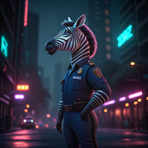 3D render of a zebra from Zootopia. Standing confidently in police uniform. Dark, neon-lit cityscape background.