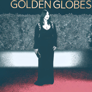 Monica Bellucci, elegant in a black dress with intricate details, standing on the red carpet. Golden Globes logo visible. Green shrubbery in the background.