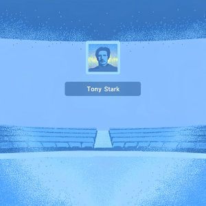 Website screenshot showcasing Tony Stark's profile in a prominent pop-up window. Neutral color scheme, sleek design, call-to-action button