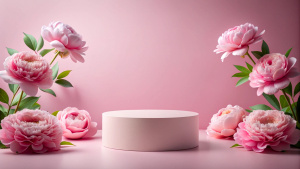 Creative composition for product advertising. Empty round podium platform stand for beauty product presentation and beautiful peonies flowers around on pink background. Front view