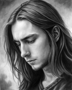 Karakteristik yüzlü tatar çapraz açıdan aşağı bakan uzun saçlı genç erkek portresi photorealism black and white drawing 