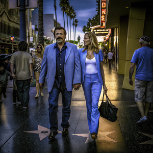 Joe Coba and Barbie Blank Coba stroll down Hollywood Boulevard. Crowds of tourists and street performers