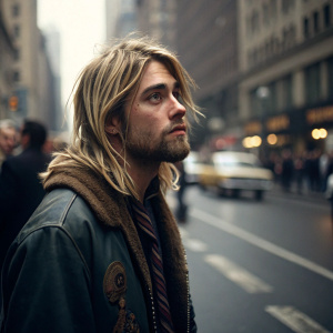 Kurt Cobain, frontman of Nirvana, with a scruffy beard. He's standing on a busy city street. Background is blurred, focusing on his intense gaze.