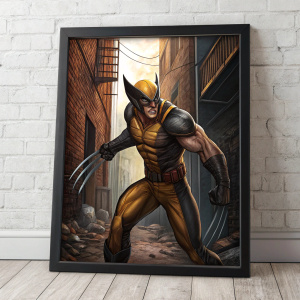 A high-quality framed artwork featuring Wolverine from X-Men comics. The character is depicted in an intense fighting stance. The background is a gritty urban scene with exposed brick walls and metal structures.