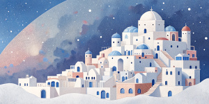 White illustration,  Wes Anderson style, structural aesthetics, surreal collage of many complex houses and briges, huge ocean and galaxy sky, soft lines, more white, grainy paper