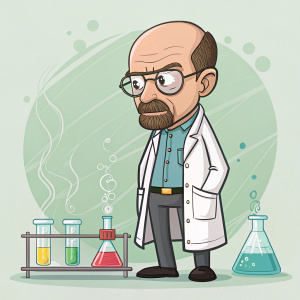 Walter White, from Breaking Bad, in his lab coat. Serious look. Surrounded by science lab equipment. Cartoon style.