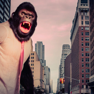 Gorilla Grodd, DC Comics villain, illustrated with sharp intellect and fierce demeanor. Set against bustling metropolis backdrop.