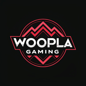 Woopla Gaming logo featuring bold, dynamic graphics. The brand name is displayed in a sleek, modern font with interlocking geometric shapes. Against a minimalist black background.