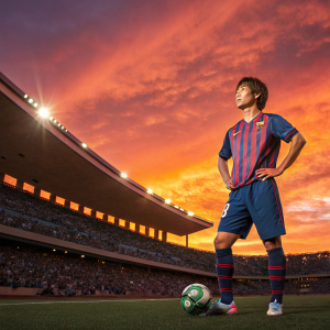 Takashi Inui, soccer star, posing confidently. Sport arena, vibrant sunset background.