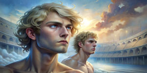 Ancient Greece. Stadium in Athens. Realistic cute shirtless slender young guys with blond wavy hair are competing in Olympic Games on a sunny afternoon.