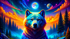 mystery shaman wolf bear forest sky stars space