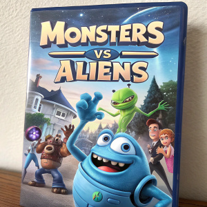 DVD cover of Monsters vs Aliens. Central figure is a chubby, blue alien. Background includes other animated characters with varied expressions and features.