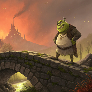 Digital art of a Shrek character standing on a stone bridge. Fiery background with a castle silhouette