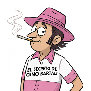 Vector illustration. Cartoon character, man, smoking a cigarette. Pink hat, shirt with text 'El secreto de Gino Bartali'. White background.
