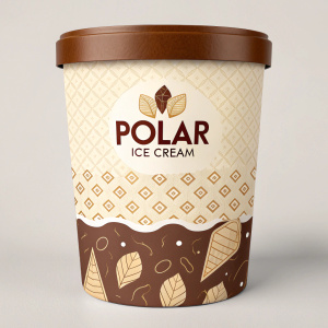 Unfolding Polar Ice Cream's packaging design. Dominated by brown and beige tones, the brand name stands out. Textured beige background with brown accents at top. A visual delight.
