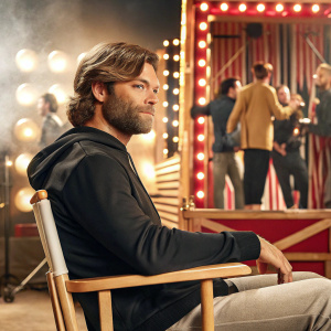 Jayson Werth, in a sleek black hoodie, sitting in a director's chair. The background is a busy, colorful set of a popular TV show.