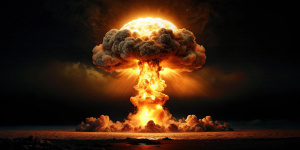 view of nuclear bomb exploxion in a black background silhouette
 