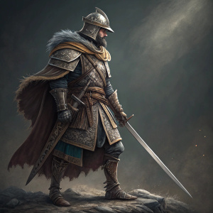 A digital illustration of a conquistador standing with sword drawn. Detailed armor and clothing. Dark grey background