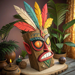 Digital artwork featuring a mask resembling the iconic Aku Aku from Crash Bandicoot. Wooden texture, vibrant colors, and a unique tribal design