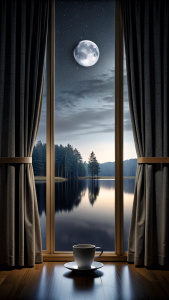 dark night window open curtain, coffee, full moon, still water, forest, dark night, midnight black 