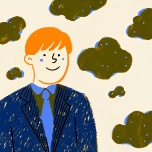 Reigen Arataka from Mob Psycho 100 in a whimsical illustration. Wearing a smart suit and purple tie, surrounded by a playful green gas-like creature. Limited color palette and a playful tone.