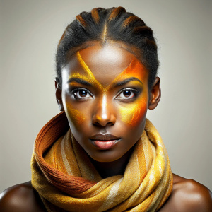 create a airbrush oil of an African American caramel women , half face with ponytail braid wrapped with a scarf , writing 
and no face on the other face it’s only written « STRONG , POWER , POSITIVE , ENERGY,EMPOWERING , STANDARD , GOAL , 
2024 »