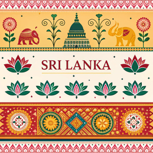 Sri Lankan cultural symbols and patterns showcased on vibrant textile designs. Prominently featuring the Sri Lanka logo and text.