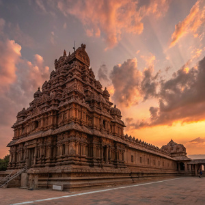 The intricate Airavatesvara Temple in Darasuram, Tamil Nadu, India, stands against a sunset sky. Multi-tiered structure with elaborate carvings in reddish-brown stone.