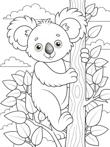 colouring page for children,no details,outline,no colour,fill frame,edge to edge,white backgroung clipart.Koala - Climbing a tree