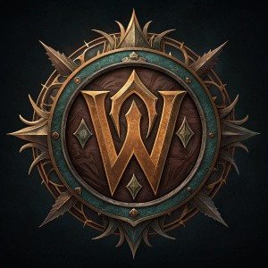 The intricate logo of World of Warcraft: Shadowlands, featuring a blend of mystical symbols and dark fantasy elements. The design incorporates a rich texture with metallic gold and brown tones, set against a dark background.