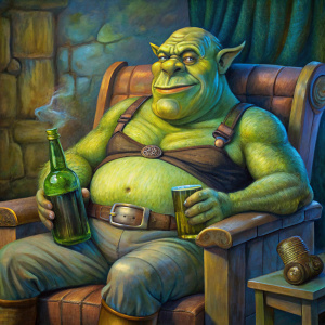 Shrek as a tired and disheveled man, lounging on a recliner with a beer belly and a beer bottle in his hand, watching TV with a look of pure relaxation.