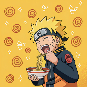 Digital art illustration, Naruto character slurping ramen noodles. Cartoon style, bright yellow background filled with chakra symbols and Naruto logos.