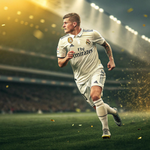 Toni Kroos, wearing Real Madrid jersey with Emirates logo. Dashing run on green field. Stadium stands blurred, golden highlights. Bright light, dynamic pose.