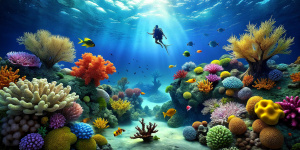 underwater world,ultra realistic coral reef, diver