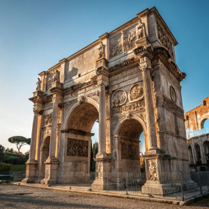 Imposing Roman Arch of Constantine. Ancient stone arch in Rome, Italy. Detailed bas-reliefs carved into stone, figures and horses depicted. Clear blue sky backdrop. Low angle perspective emphasizing carvings. Multiple levels of ornate detailing. Photo