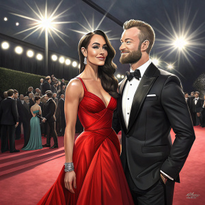 Nikki Bella and Artem Chigvintsev, both dressed in formal attire, at a gala event. Bright stage lights, crowd visible in background.