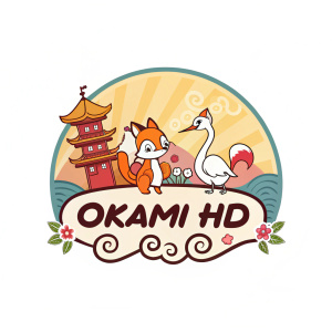 Colorful cartoon-style logo for Okami HD featuring mystical Japanese-inspired creatures and elegant kanji text.