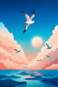 stylish surrealism illustration for a poster,   flat sea with a clear horizon, big sky and a large flock of flying  white seagulls