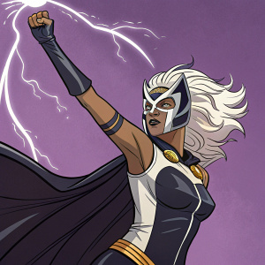 A masked superhero at Comic-Con. Storm from the X-Men series. Dynamic pose with raised arm, purple background