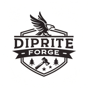 DiPrite Forge logo featuring sleek, modern font and bold graphic design. The emblem showcases a bird-like symbol with a strong, sophisticated aesthetic. The color scheme is monochrome, black and white.