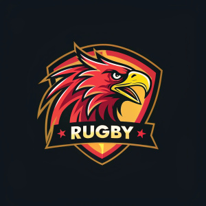 Digital illustration for REMSS Rugby team. Vibrant graphic logo with fierce eagle emblem and bold 'RUGBY' text beneath. Black background.